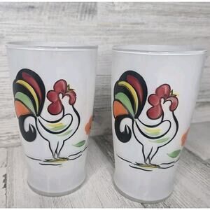 2 Bartlett Collins Proud Rooster Glass Cup 5" Frosted White Mid Century Tumbler